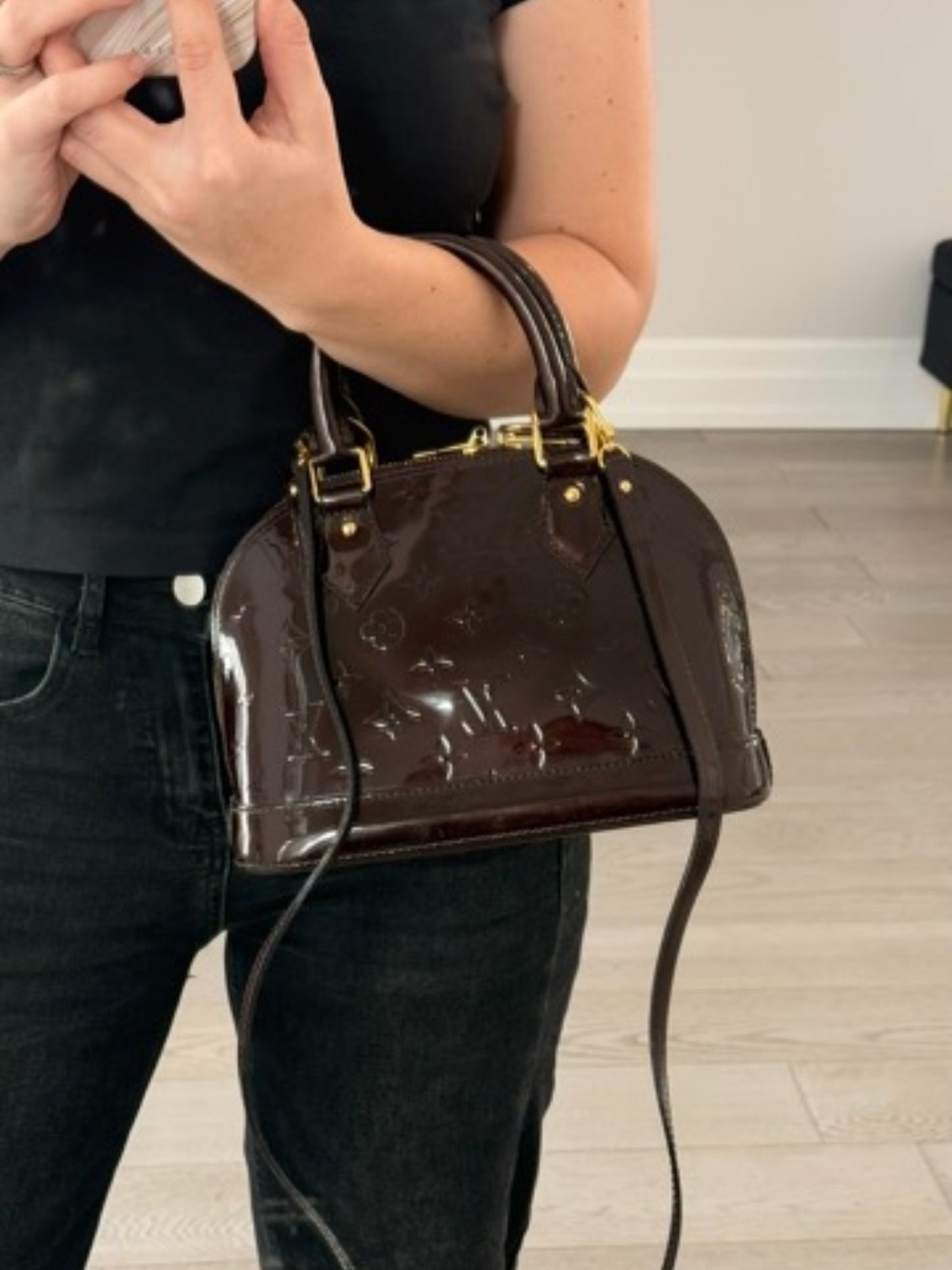 Louis Vuitton Vernis Alma BB Patent Leather Satchel in Brown with Gold Hardware